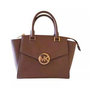 Michael Kors MK Classic Logo Hudson Saffiano Leather Handbag Satchel Brown Gold